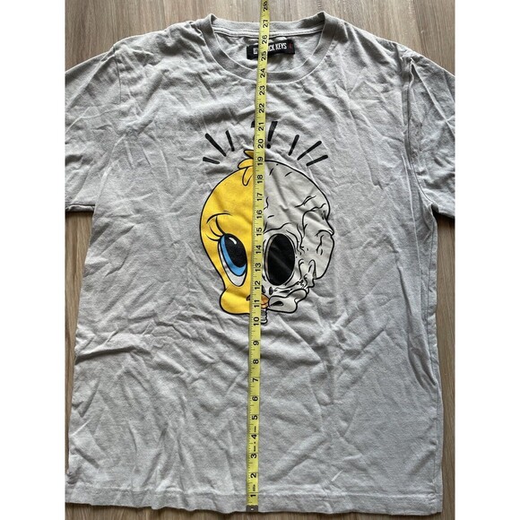 Tweety Bird X Black Keys Split Skull Mens T-Shirt Large Gray Cotton Looney Tunes - Picture 3 of 4